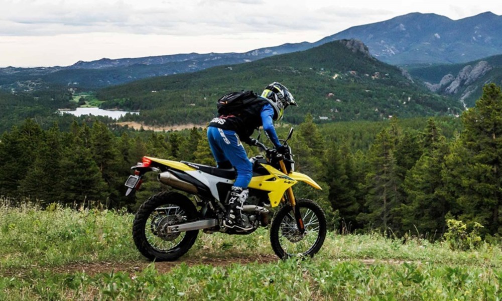 2025 Suzuki DR-Z4S dual-purpose right rear three-quarter view on a hillside trail.